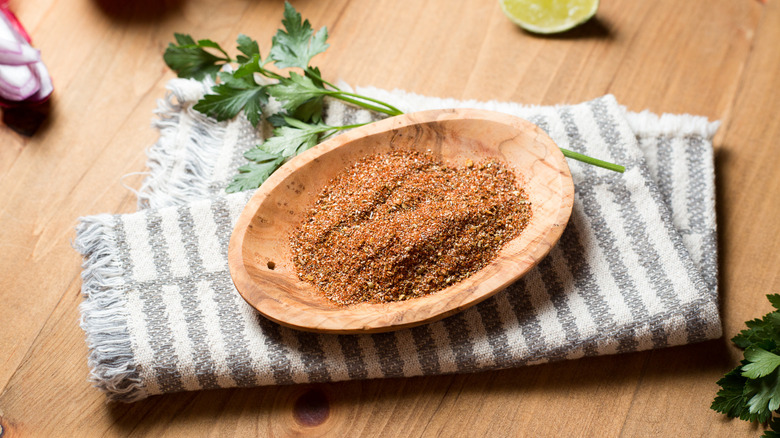 taco seasoning in wooden bowl