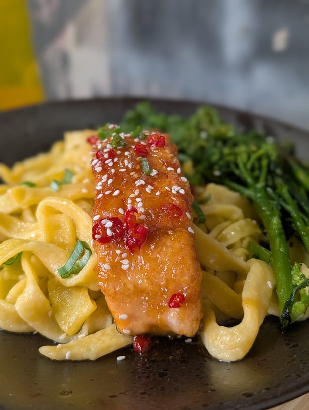 Gluten Free Hot Honey Salmon with Garlic Tenderstem