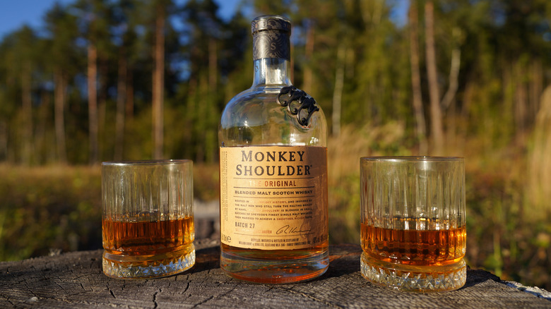 Bottle of Monkey Shoulder outside on a log with filled glasses on either side
