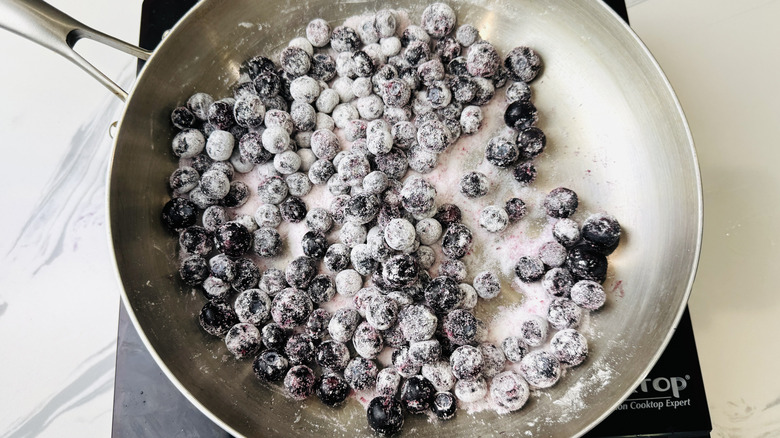 Blueberry topping mixture in saucepan