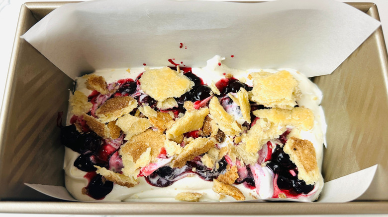 Blueberry pie ice cream layered in loaf pan