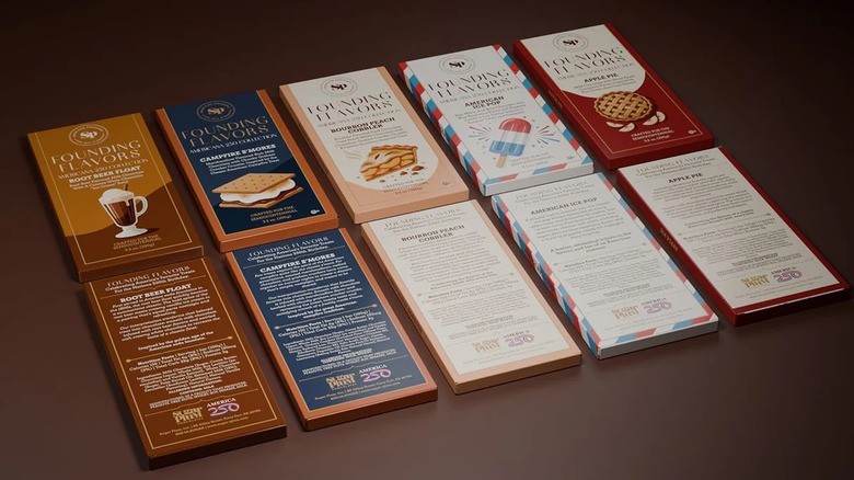 Five Founding Flavors chocolate bars from Sugar Plum Chocolates on brown surface