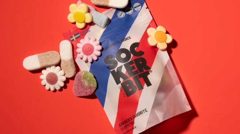Top-down view of Sockerbit's America's Favorite Gummy Mix on red background
