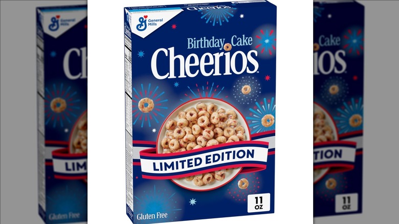 Box of Birthday Cake Cheerios on white background