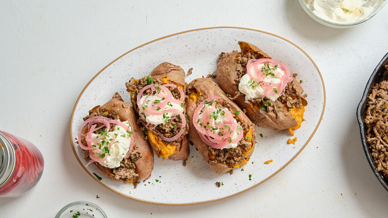 assembled sweet potatoes on a platter