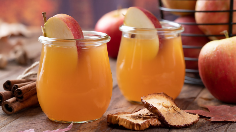 two glasses of apple cider with sliced apple on a wooden counter