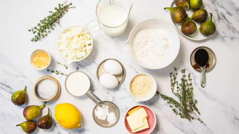Ingredients for goat cheese pancakes with fig and thyme compote