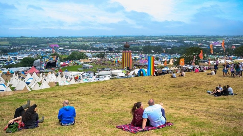 An overview shot of Glastonbury showing is large scale and sprawling setup