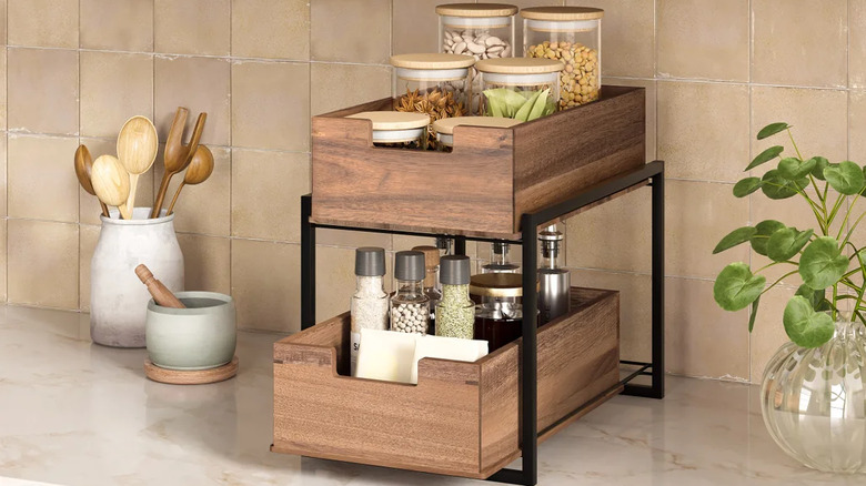 Costco acacia sliding bin organizer