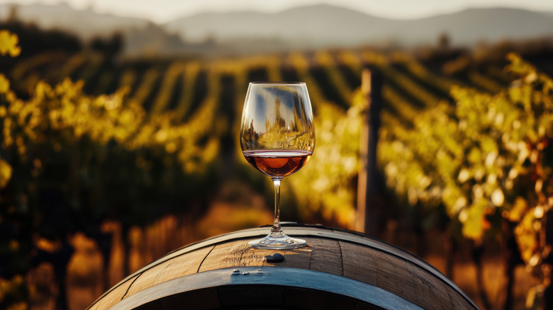 Glass of wine on barrel with vineyard in background