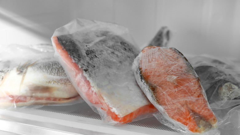 Frozen fish thawing on refrigerator shelf
