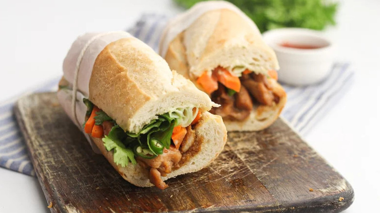 Simple Banh Mi Sandwich on wooden board