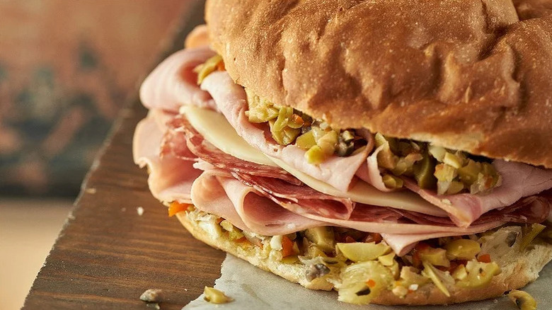 Classic Muffuletta on wooden board