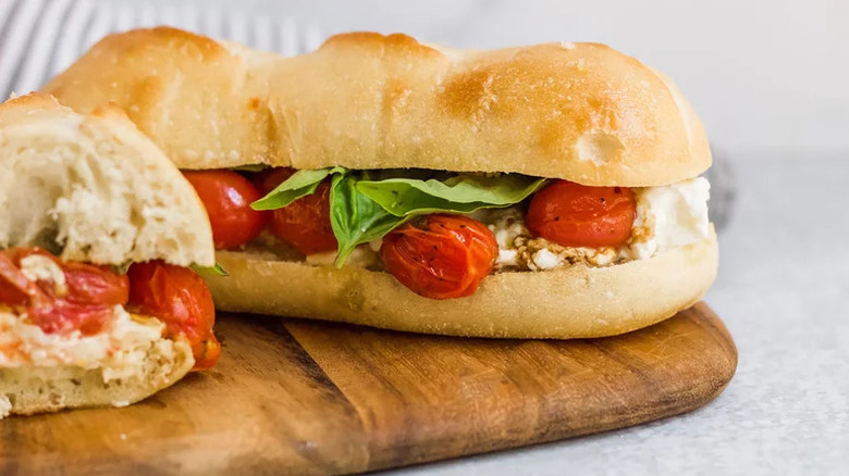 Roasted Caprese Sandwich on wooden board