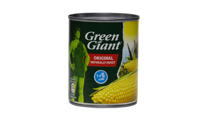 Can of Jolly Green Giant corn on a white background