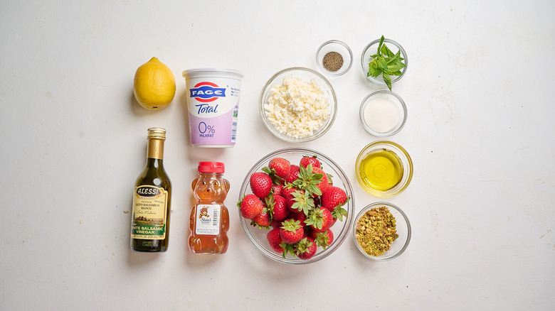 Balsamic strawberry whipped feta ingredients on a table