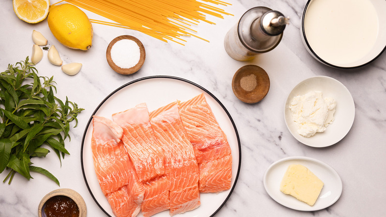 Ingredients for creamy citrusy salmon pasta recipe.