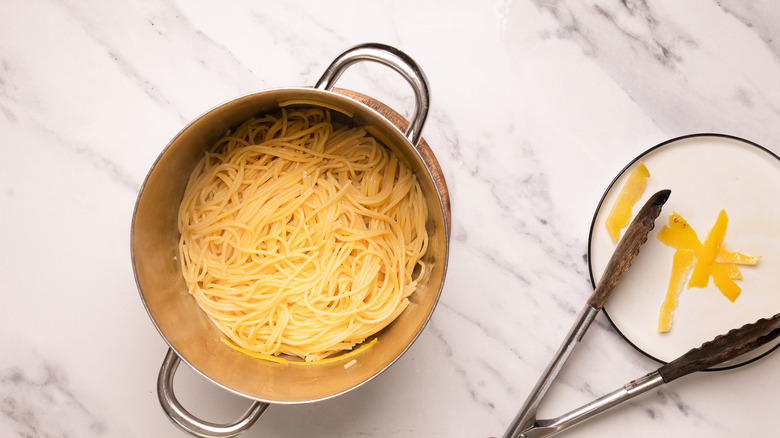 Drained cooked pasta.