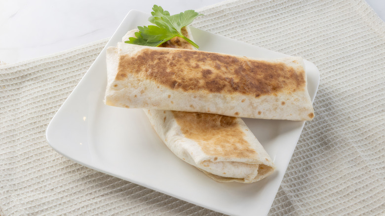A pair of overlapping grilled burritos with toasted brown tortillas on a white plate
