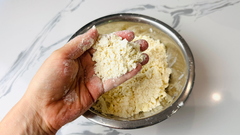 Hand holding crumbly dough mixture over bowl