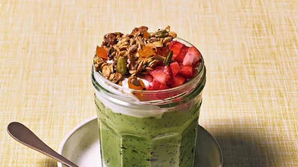 Matcha and strawberry chia pudding