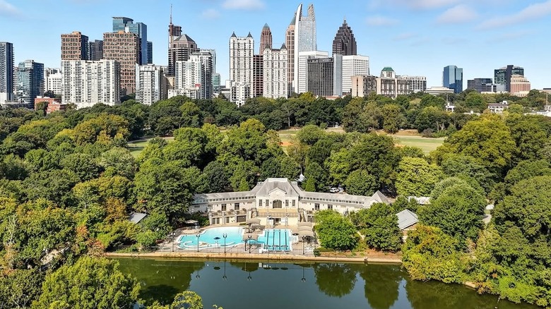Piemont Park pool with the Atlanta skyline in the background