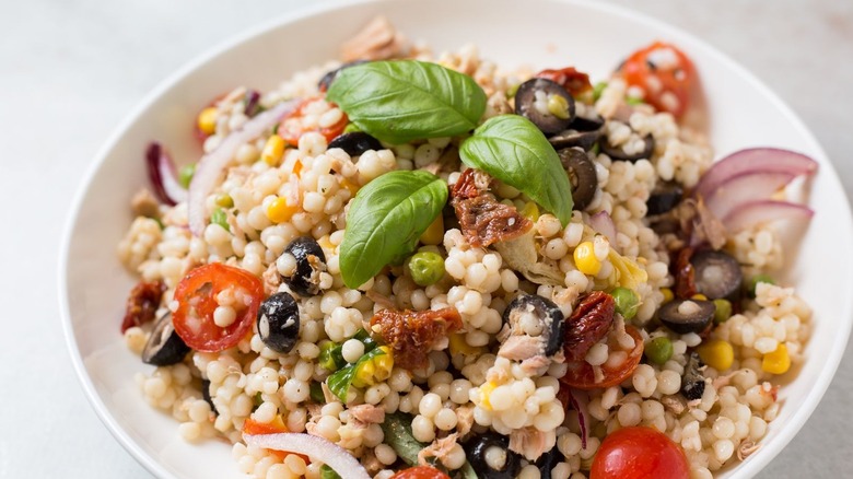 Close up of tuna couscous salad in bowl