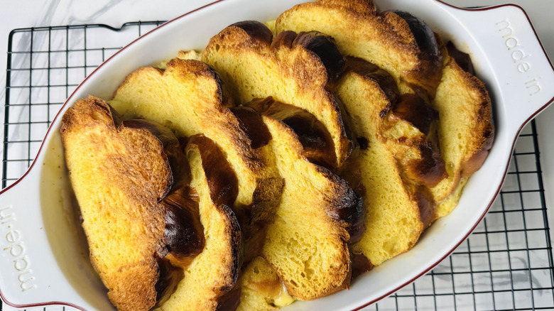 Baked French toast bread pudding in baking dish