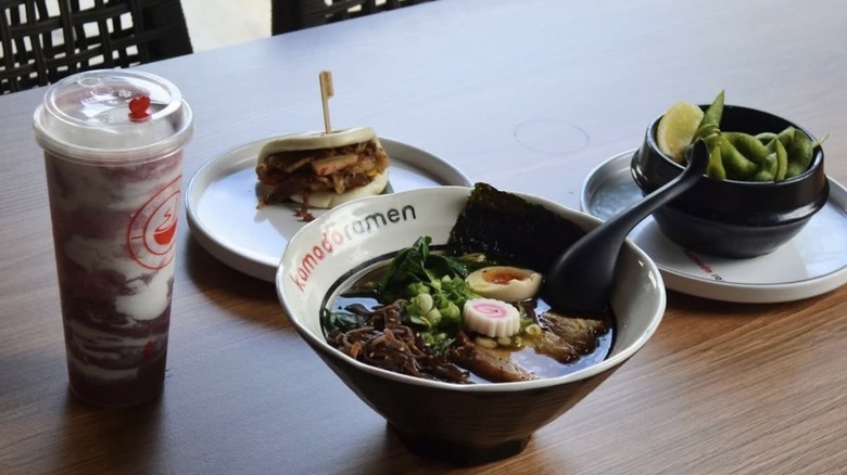Ramen with nori and sides of edamame and bao bun