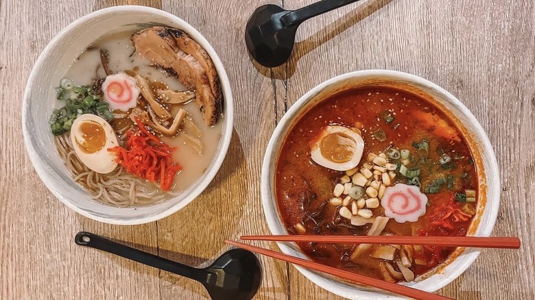 Spicy miso and black garlic tonkatsu ramen bowls