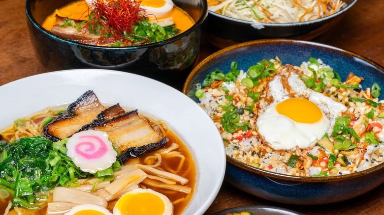 Ramen bowls with other dishes from Katsubo