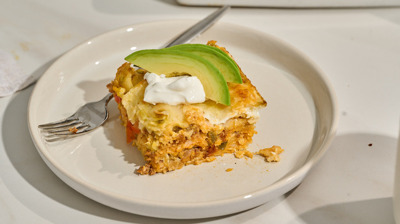 slice of breakfast burrito casserole on a table