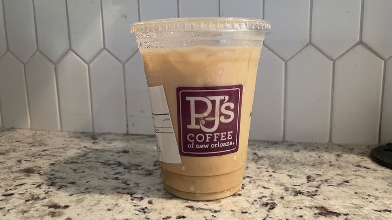 PJ's iced vanilla latte on a granite counter