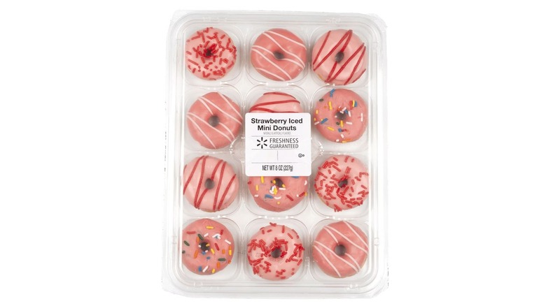A dozen donuts with strawberry icing from Walmart