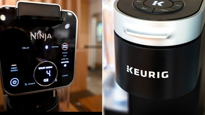 A Ninja coffee maker and a Keurig coffee maker in a split image
