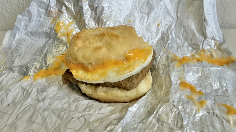 Sausage, Egg, & Cheese Biscuit on a wrapper