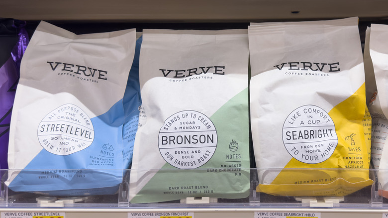 Verve Streetlevel, Bronson, and Seabright coffee beans on shelf