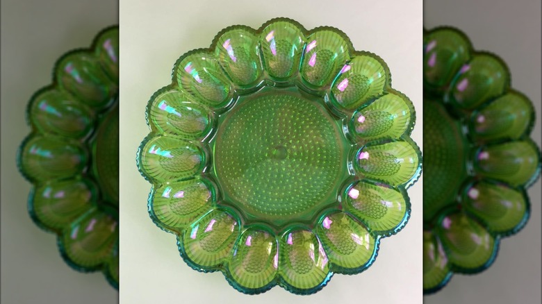 Green glass deviled egg plate