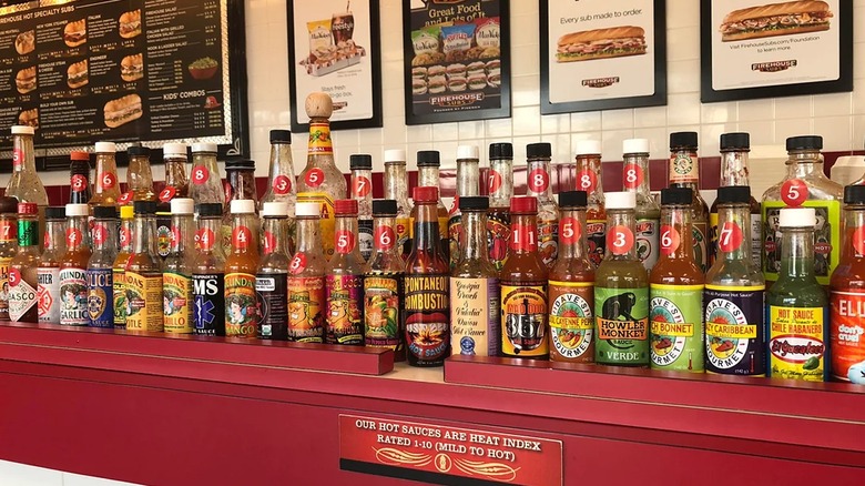 Hot sauce bar inside Firehouse Subs
