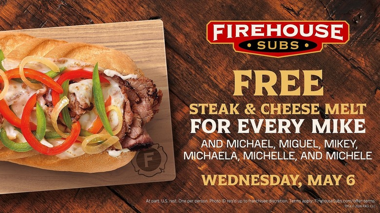 Firehouse Subs promotional ad, free steak and cheese for every Mike