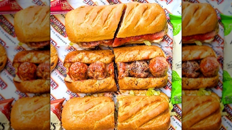 Top-down shot of three Firehouse subs, meatball sub in middle
