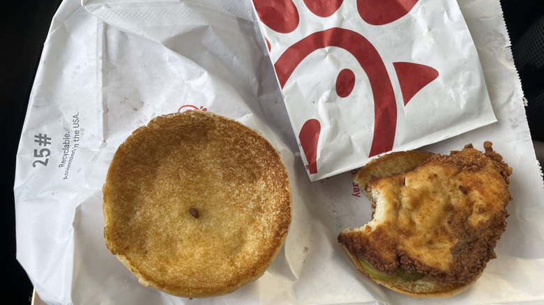 Open Chickfila sandwich on top of bag