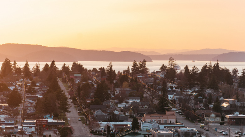 View of Anacortes in the Salish Sea at sunset