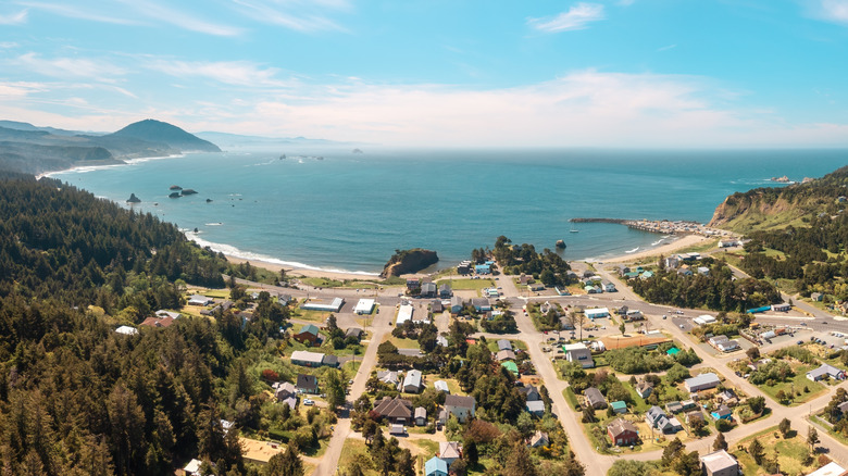 Port Orford on the Oregon coast with the Pacific Ocean and paved streets