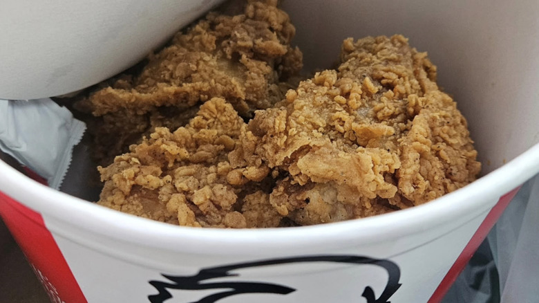 close up of a bucket of KFC chicken