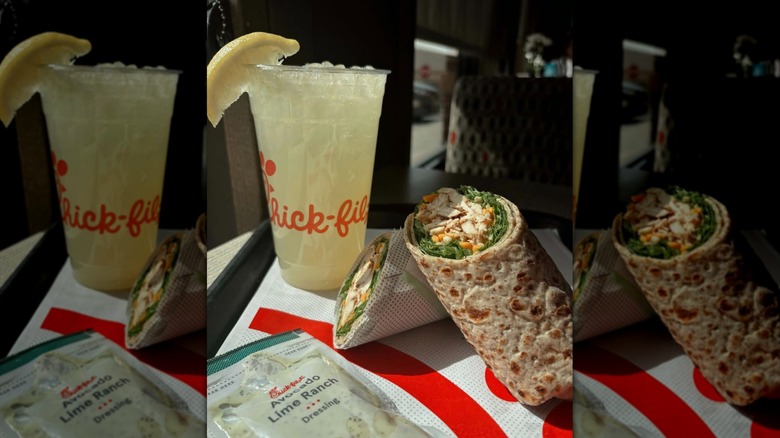 Chick-fil-A's Cool Wrap, Lime Ranch dressing, and lemonade on restaurant tray