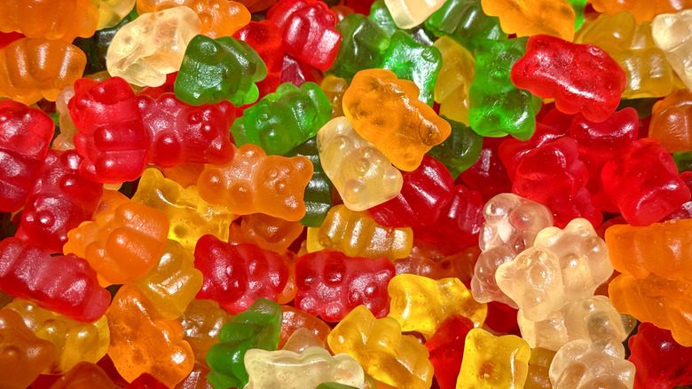 Close up of colorful gummy bears in pile