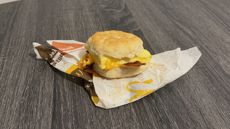 Bacon, egg, and cheese on a biscuit