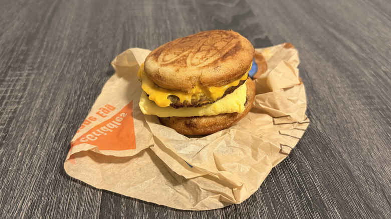 Sausage, egg, and cheese on a griddle cake