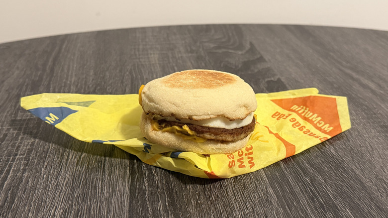 Sausage, egg, and cheese on an English muffin